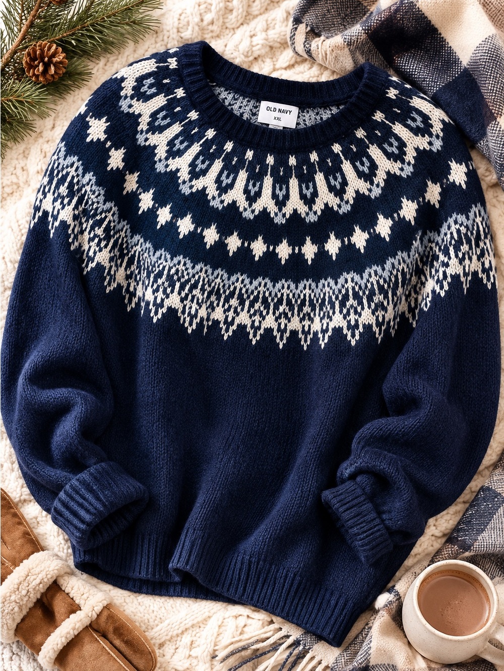 Old Navy Women’s Navy Blue Fair Isle Sweater | Cozy Cabin & Après-Ski XXL ❄️
